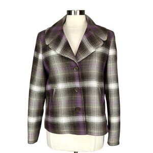 Evan Picone Purple Plaid Wool Blend Jacket Boxy Swing Coat size 12